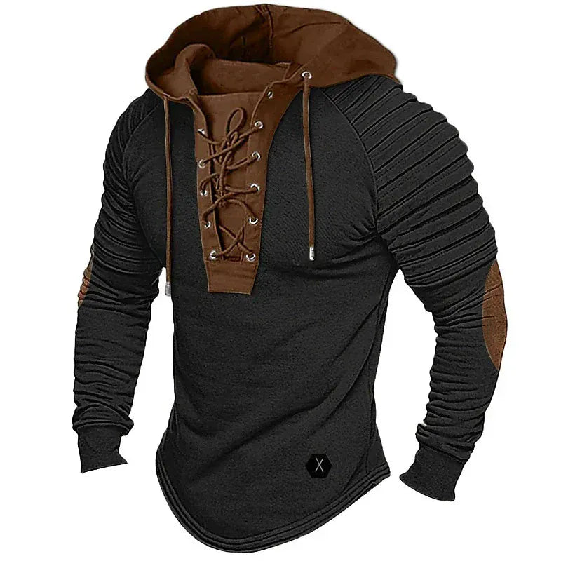 Men's Hoodie Sweatshirt – Slim Fit – V-Neck with Lace-Up Closure – Ribbed Sleeves – Elbow Patches