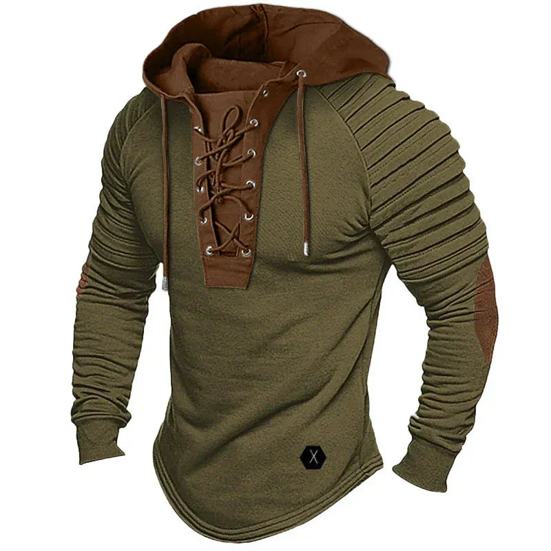 Men's Hoodie Sweatshirt – Slim Fit – V-Neck with Lace-Up Closure – Ribbed Sleeves – Elbow Patches
