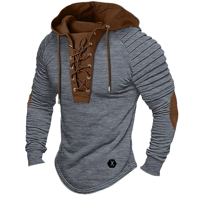 Men's Hoodie Sweatshirt – Slim Fit – V-Neck with Lace-Up Closure – Ribbed Sleeves – Elbow Patches