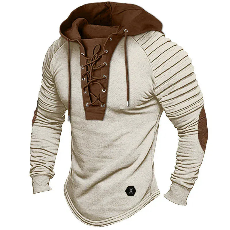 Men's Hoodie Sweatshirt – Slim Fit – V-Neck with Lace-Up Closure – Ribbed Sleeves – Elbow Patches