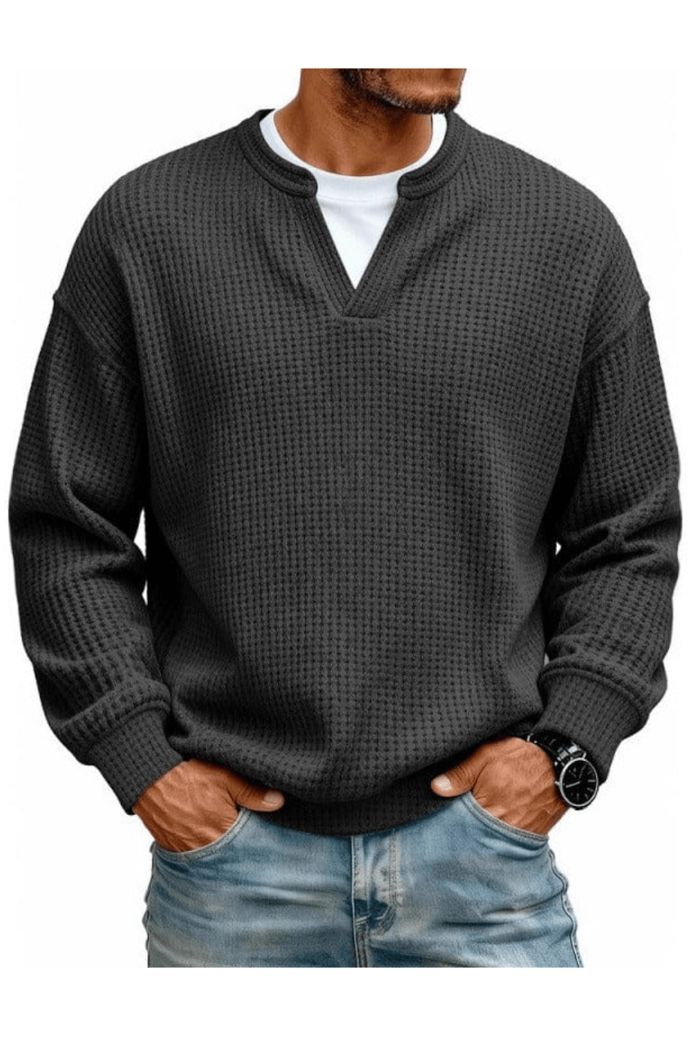 André Ferran V-Notch Waffle Pullover