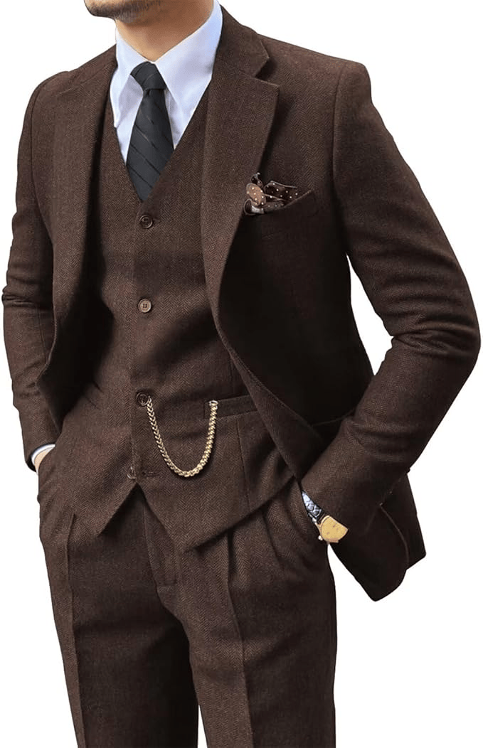 Men's Retro Tweed Herringbone 3 Piece Suit